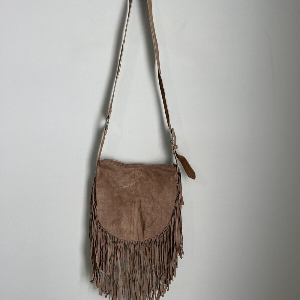 Genuine Leatherock Tan Leather Suede Fringed Crossbody Purse - Picture 2 of 9